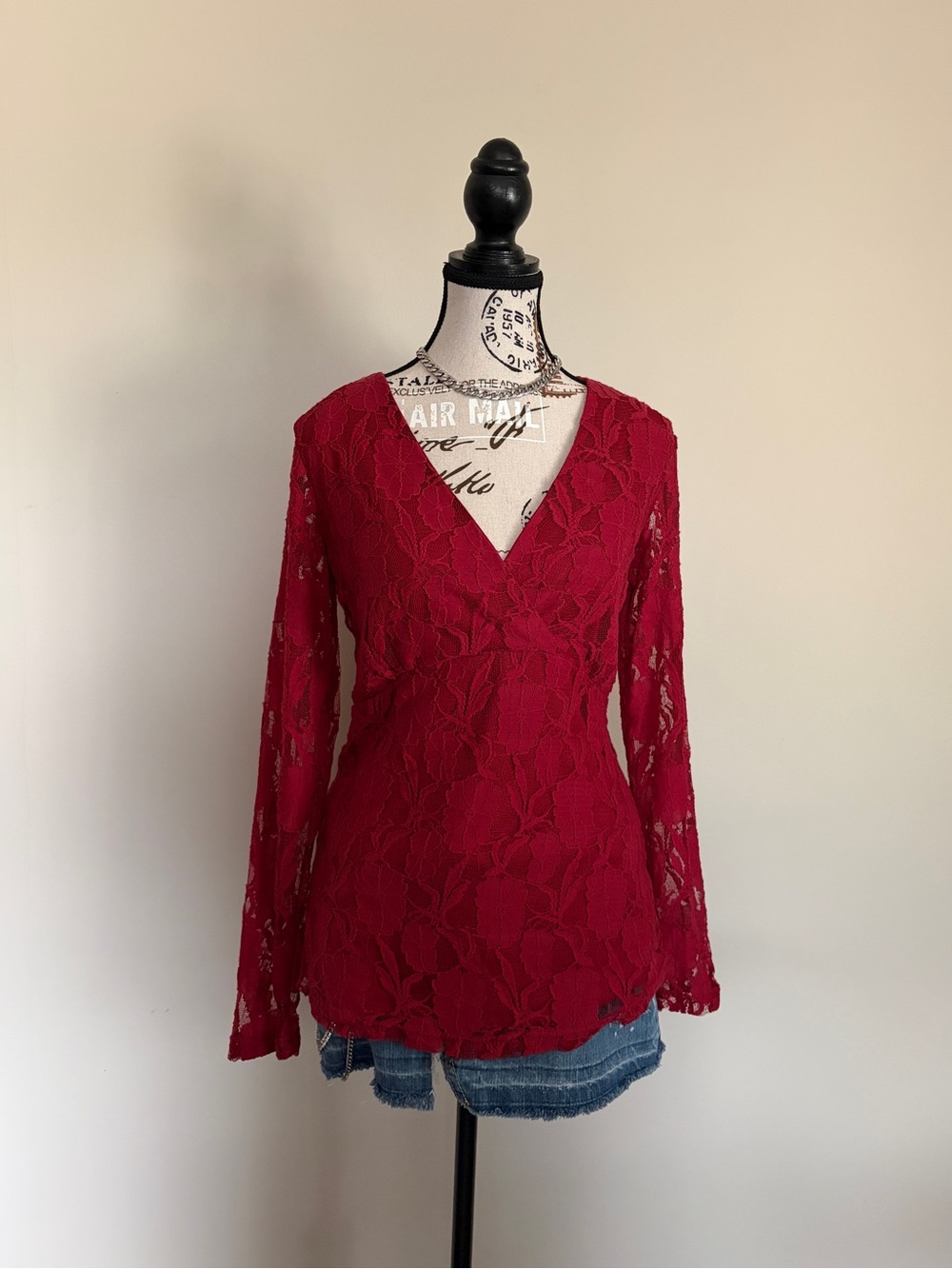 Vintage Red Lace Long Sleeve Blouse Deep V Neck Romantic Y2K Fairycore